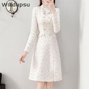 Casual jurken Elegante kralen Tweed Dress Midi Lange Mouw Vestidos Herfst Winter Vintage Koreaanse stijl Slim Office Ladies Chic