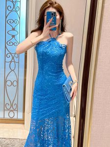 Robes décontractées Élégant Belle Robe longue pour femmes Sexy Halter Bleu Sheer Dentelle Dos Nu Wrap Hip Fishtail Robe Femme Prom Party Club