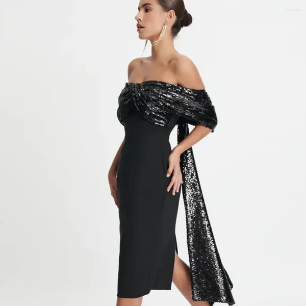 Robes décontractées Bandage de veau midi au noir élégant pour les femmes Sumy Sexy Squins Squins Bodycon Pinway Soirée Robe de fête