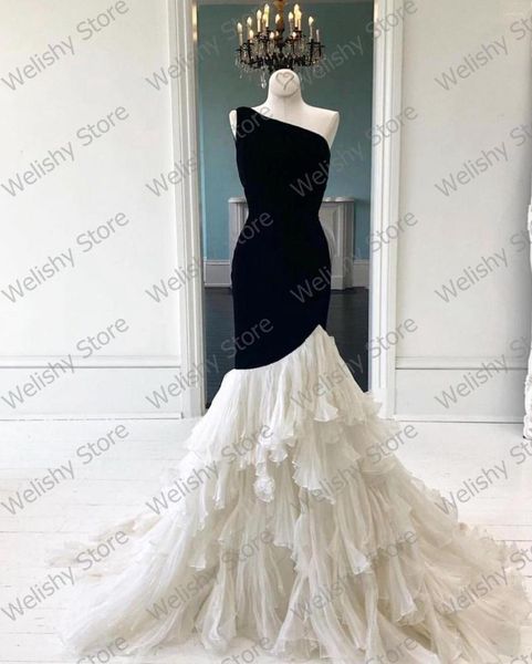 Robes décontractées élégantes noires une épaule sans manches sirène robe de soirée femmes jupe en tulle à volants blanc s'habiller longues robes de bal Sukienka