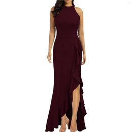 Vestidos informales Elegante vestido largo sin mangas negro para mujer Abrigo con volantes Plisado Slim Slit Formal Cóctel Boda Vestido de fiesta Robe