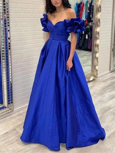 Casual jurken Elegante blauwe galajurk Vloerlengte Off-shoulder Ruches Mouw Ruches Hoge taille Zwierige sprankelende avondjurk voor bruiloftsgasten