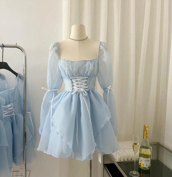 Robes Décontractées Élégant Bleu Tulle Robe Pour Les Femmes Col Carré Long Puff Illusion Manches Mince A-ligne Fée Robe D'été Mode Féminine