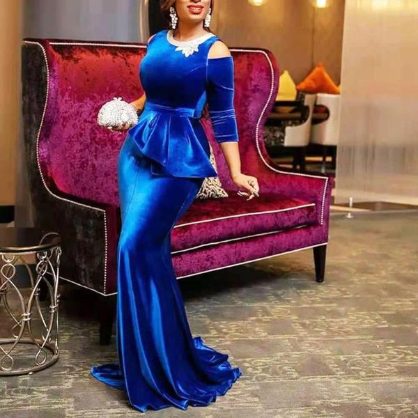 Robes décontractées élégant bleu velours sirène longue robe femme dîner soirée robe formelle dames bodycon peplum volant vintage maxi fête