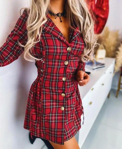 Vestidos informales Elegante vestido bodycon para mujer 2024 Office Lady Manga larga Cuello de solapa Botón Vendaje Estampado a cuadros Ojal con cordones Trabajo