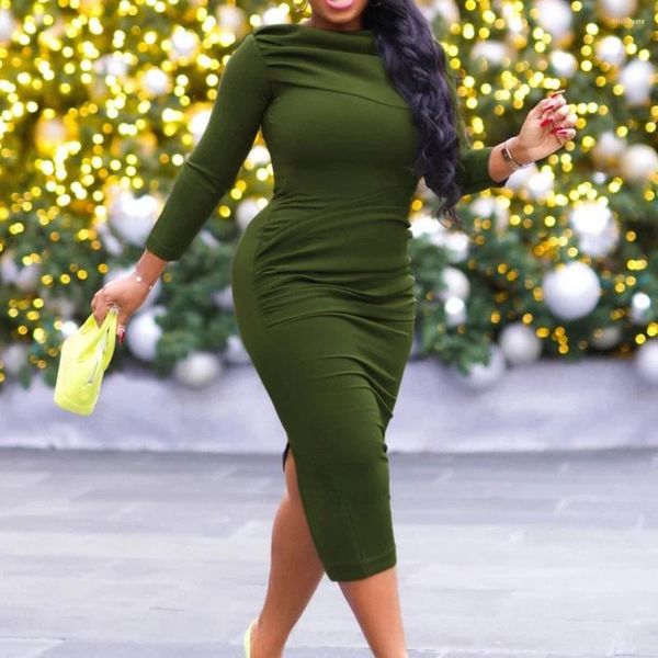 Robes décontractées élégant bodycon vert pour les femmes rond couches pleines manches sexy arrière séparés dames affaires travail work porter vestidos de tissu mou mujer ol