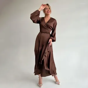 Casual Jurken Elegant Bruin Asymmetrische Wrap Voor Vrouwen Sexy Satijn Lantaarn Mouw Jurk 2023 Lace Up Midi Hoge Taille Herfst