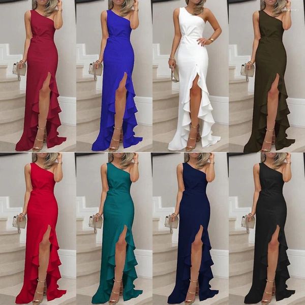 Vestidos informales Elegante vestido de fiesta de noche con volantes en cascada Mujeres Negro Un hombro Alto Split Sexy Prom Vestido de cóctel asimétrico