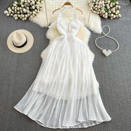 Casual jurken Elegante charme witte halter lange avondjurk vrouwen backless taille slanke a-line chiffon girls strand vakantiefeest