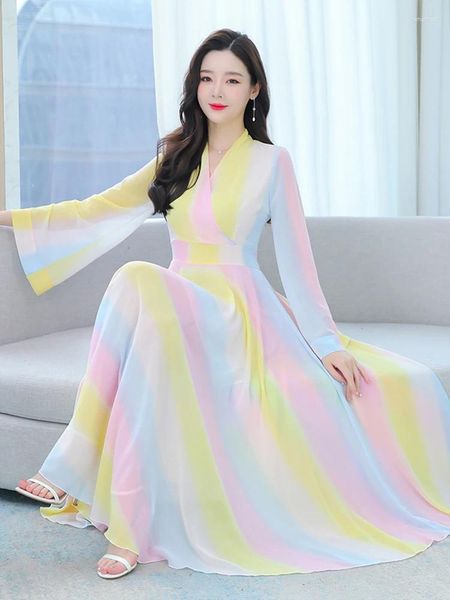 Robes décontractées Élégant mousseline de soie plage à manches longues femmes vêtements printemps été bal coréen mode maxi robe 2024 soirée de luxe