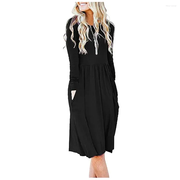 Robes décontractées Élégant Chic Solide Manches Longues Automne Pour Femmes 2024 Avec Poches Taille Plissée Lâche Swing Robe Femme Vêtements