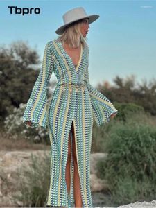 Robes décontractées Élégant Contraste Flare Manches Split Maxi Robe Femmes Mode Profonde Col En V Robes 2024 Vacances Club Femme Robes De Soirée