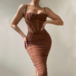 Casual Jurken Elegant Corset Ruches Maxi Jurk Damesmode Spaghetti Mouwloos Ruglooze Rits Lange Vestido