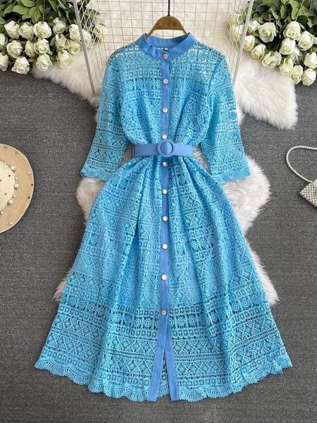 Vestidos casuales elegantes crochet flores agua encaje bordado de bordado hueco salple ida