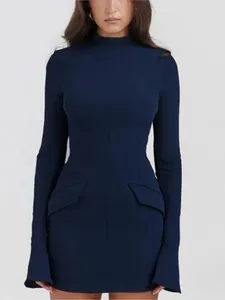 Casual jurk Elegant donkerblauwe vaste vaste hoge taille mini-jurk vrouwelijk chic met pocket lange mouw body party club jurk