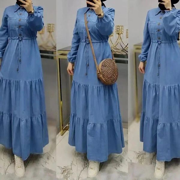 Robes décontractées Robe en denim élégante Robe à poitrine unique Dubaï Turquie Kaftan Musulman Col rabattu pour femmes Femme Caftan Islam Vêtements