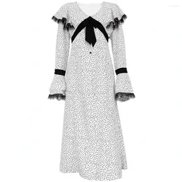 Robes décontractées Élégant Dot Imprimé Robe Femme 2024 Printemps Automne Vintage Longue Manches Longues Femme Midi Col V Taille Dames Robe