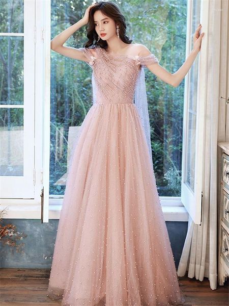 Robes décontractées Robe élégante femme couleur unie printemps été cloué perle carte épaule couture longue jupe trapèze vêtements pour femmes M208