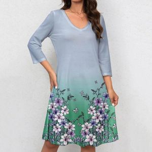 Robes décontractées robe élégante col en V à manches longues imprimé floral cocktail pour les femmes soirée extensible douce avec respirant