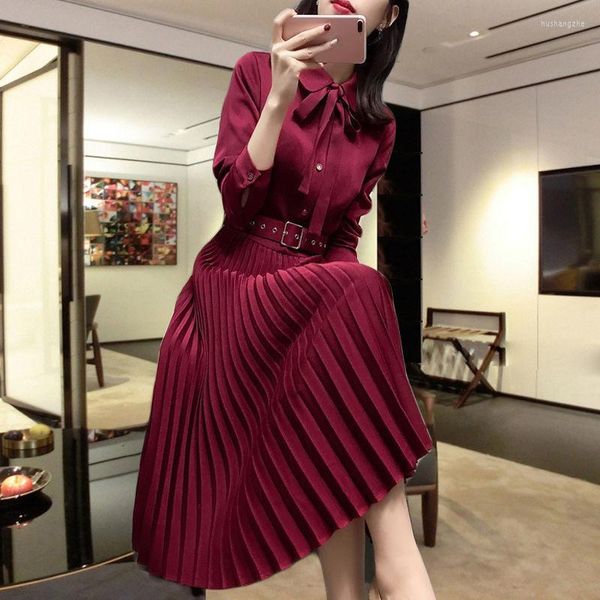 Vestidos casuales vestido elegante mujer 2023 temperamento Oficina señora manga larga plisado negro Color sólido Retro mujer vestido coreano Chic