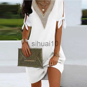 Robes décontractées Robes élégantes pour les femmes V Neck Off épaule Patchwork Design Casual Mini Dress Blanc Lâche Beach Holiday Dress 2023 J230705