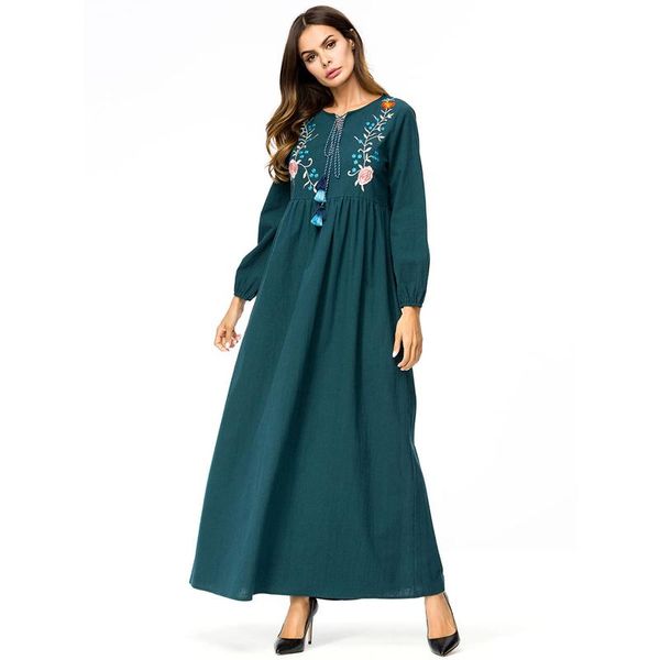 Robes décontractées Robe longue de broderie élégante Musulman Abaya Chic Robes florales Kimono Lâche Ramadan Moyen-Orient Arabe Vêtements islamiques