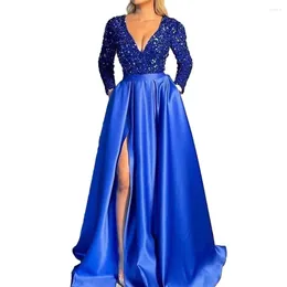 Vestidos casuales Vestido de noche elegante Lentejuela brillante Cuello en V Maxi para mujeres Cintura alta Una línea de vestido con dobladillo dividido Prom