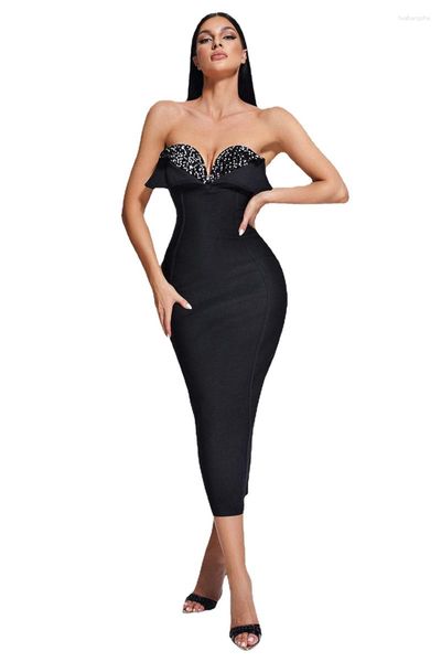 Vestidos casuales elegante moda club nocturno mujeres largo negro lentejuelas Sexy sin tirantes Bodycon vendaje Vestido