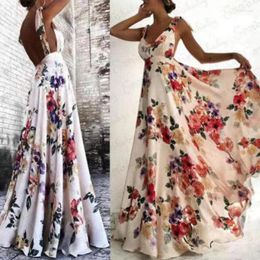 Robes décontractées Sangle de mode élégante sans manches col en V taille haute taille licol longueur robe femmes été imprimé floral corset fête