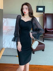 Vestidos casuales de moda de moda de moda elegante para mujeres negras sexy de manga de punto transparente de carro delgada de banquete femenino Vestidos Mujer