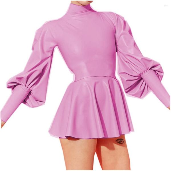 Robes décontractées Élégant Fétiche Hommes Gay Femmes Wetlook PVC Faux Cuir Moulante Gaine Fit Flare Mini Robe A-ligne Lanterne Courte Ballet 7XL