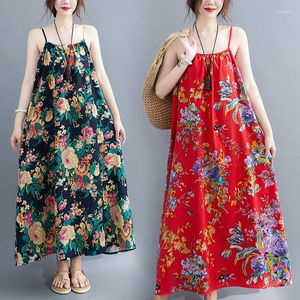 Robes décontractées élégant imprimé floral coton lin robe maxi