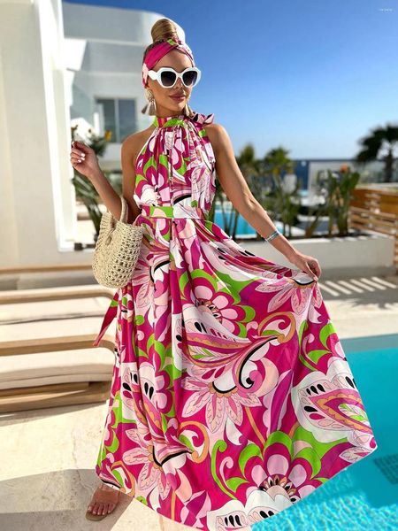 Robes décontractées élégant robe longue imprimée en floral pour femmes 2024 Fashion Halter Beach lâche Bikini d'été Couverture de vacances Boho Robe