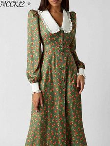 Casual jurken Elegante bloemengedrukte damesjurk 2023 Spring vintage lantaarn mouw vrouwelijke lange shirt jurken poppen kraag taille dames gewaad G230311