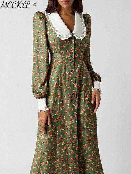 Vestidos casuales Elegante vestido de mujer estampado floral 2023 Primavera Vintage Linterna Manga Mujer Camisa larga Vestidos Muñeca Cuello Cintura Damas Robe G230311