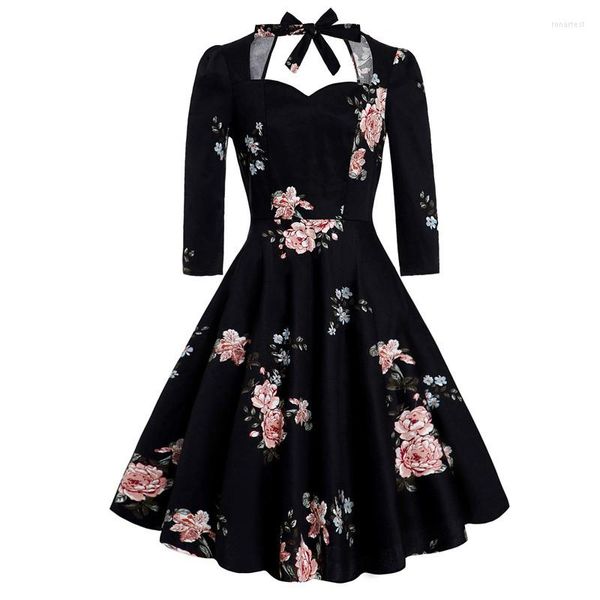 Vestidos casuales Elegante Floral Retro Midi Verano Mujer Cuello en V Manga 3/4 Sexy Sin espalda Fiesta negra Vintage Una línea Big Swing Vestido skater