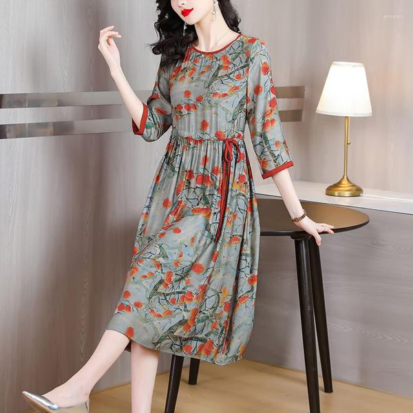 Robes décontractées élégant Floral Vintage femmes robe de soirée d'été 2023 mode coréenne col rond mûrier soie tuniques Midi longues Vestidos