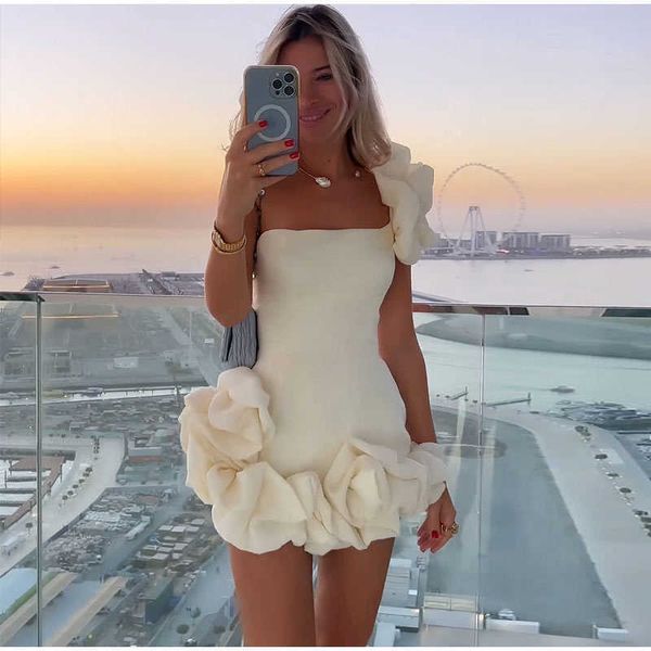 Vestidos informales elegantes Flower Edge Mini Dress Fashion Fashion Slim Off Shoulder Rose Pliseed Short Shring 2023 Spring Femenina Fiesta Vestidos de noche 34