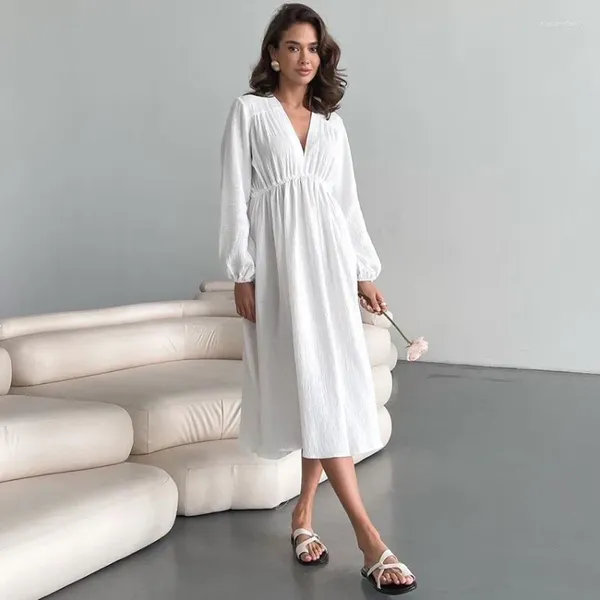 Robes décontractées élégantes pour femmes en mousseline de mousseline longue en V Vany Party Blanche Blanc Blanc Black Vestidos de Mujer