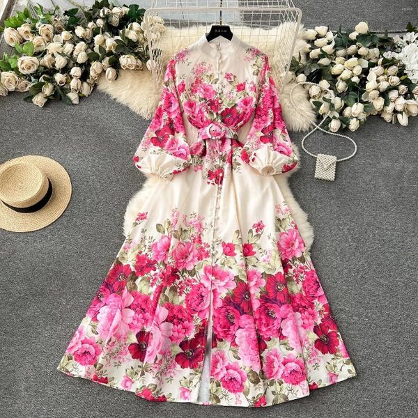 Robes décontractées élégant magnifique robe bohème florale de printemps de printemps de longueur lanterne à manches imprimées en lin vestide vestide 6235