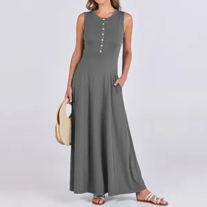 Robes décontractées élégant gris robe maxi bouton sans manches