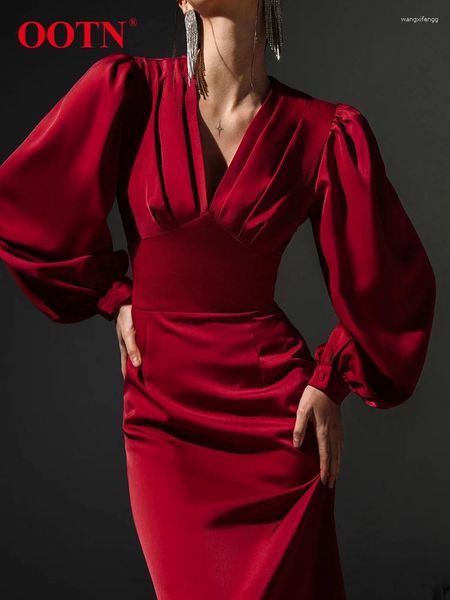 Robes décontractées Élégant vert taille haute trompette sexy col en V robe de soirée moulante automne mi-mollet manches longues pour les femmes 2023