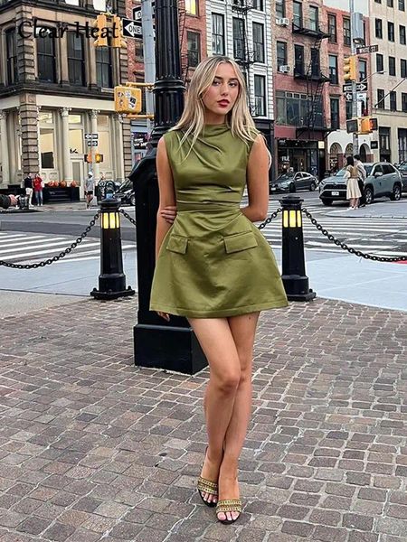 Vestidos casuales elegante verde satinado bolsillo mini vestido para mujeres o cuello sin mangas cintura alta a-line dama 2024 vestidos de calle