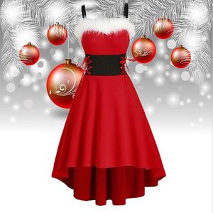 Casual jurken Elegante High Taille Kerstmis Sexy Patchwork Furry Slash Neck Sling Party Dravid Women Off Shoulder A-Line onregelmatig