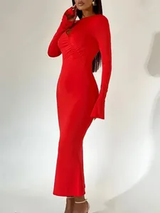 Vestidos casuales elegante ahueca hacia fuera los pliegues de la manga de la llamarada vestido de fiesta de boda largo 2024 primavera bodycon de las mujeres túnicas de cintura alta noche roja