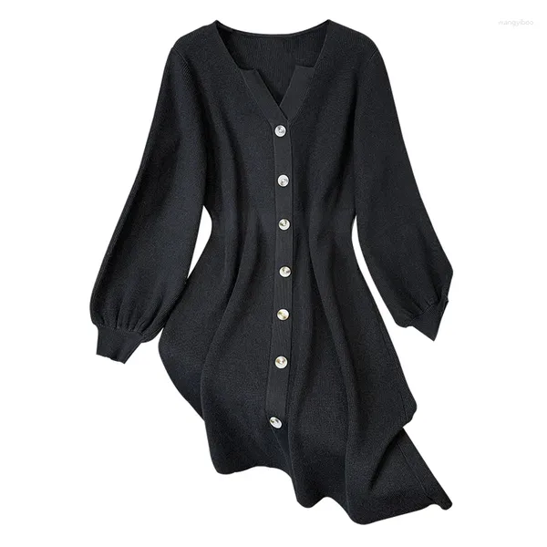 Robes décontractées Robe en tricot élégante pour femmes 2023 Femme grande taille 4XL Automne Hiver Col V Noir Une ligne Robes de soirée à poitrine unique