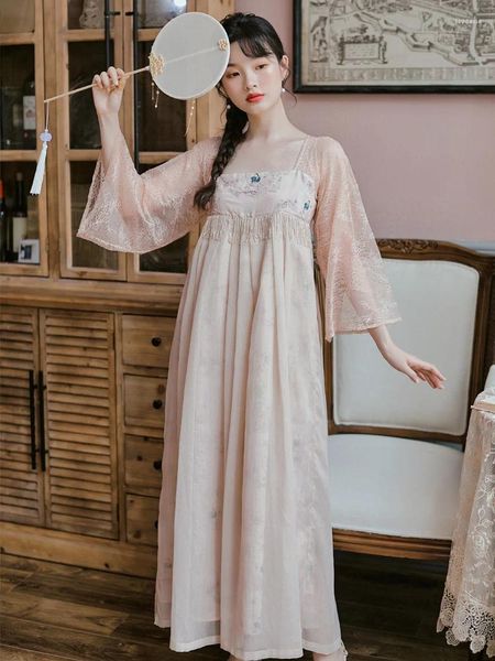 Robes décontractées Hanfu en dentelle élégante pour femmes en mousseline de soie robe de fée lâche col carré perlé et été rose doux