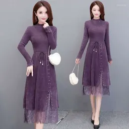 Casual Jurken Elegante Kant Imitatie Nertsen Kasjmier Gebreide Jurk Vrouwen Herfst Winter Warme Zachte Koreaanse Trui Vintage Vestidos T110