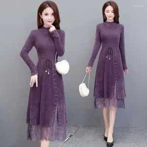 Vestidos casuales elegante encaje imitación visón cachemira vestido de punto mujeres otoño invierno cálido suave suéter coreano vintage vestidos t110