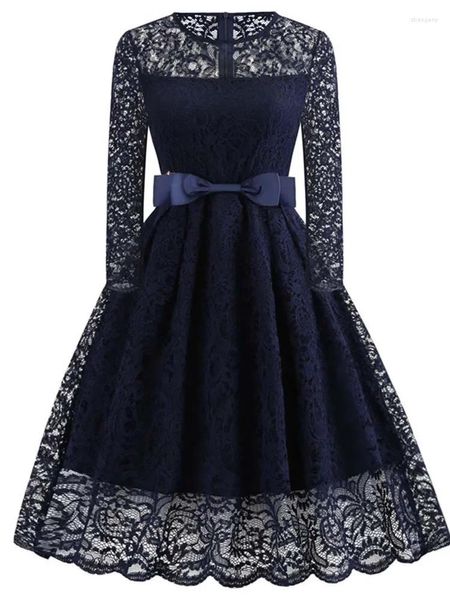 Vestidos casuales elegante encaje patchwork manga larga sexy vestido de fiesta de noche mujeres hepburn 50s bata vintage cinturón túnica vestidos